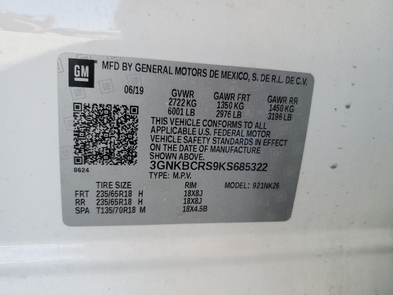 2019 Chevrolet Blazer 2Lt VIN: 3GNKBCRS9KS685322 Lot: 65418545