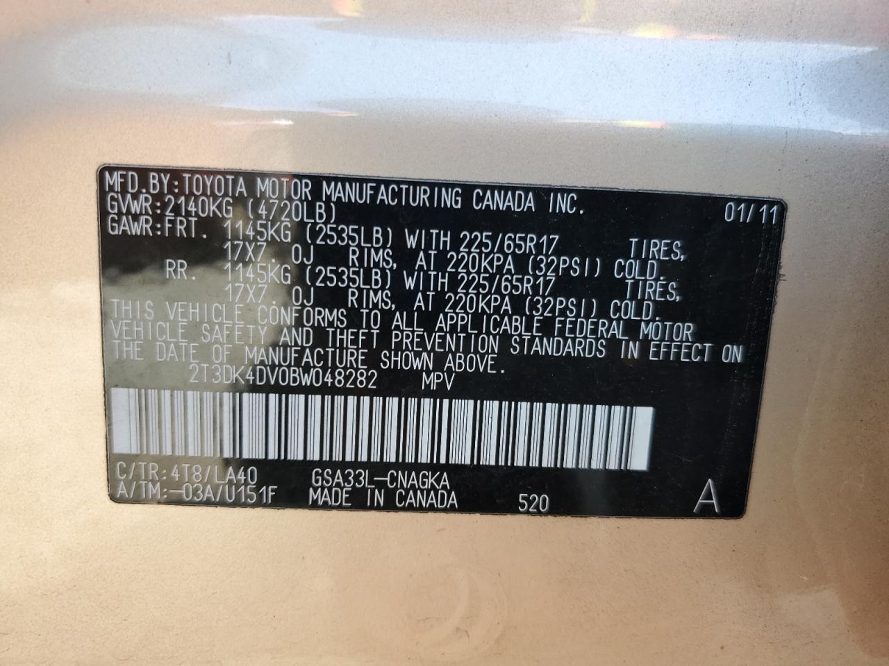 2011 Toyota Rav4 Limited VIN: 2T3DK4DV0BW048282 Lot: 70331835