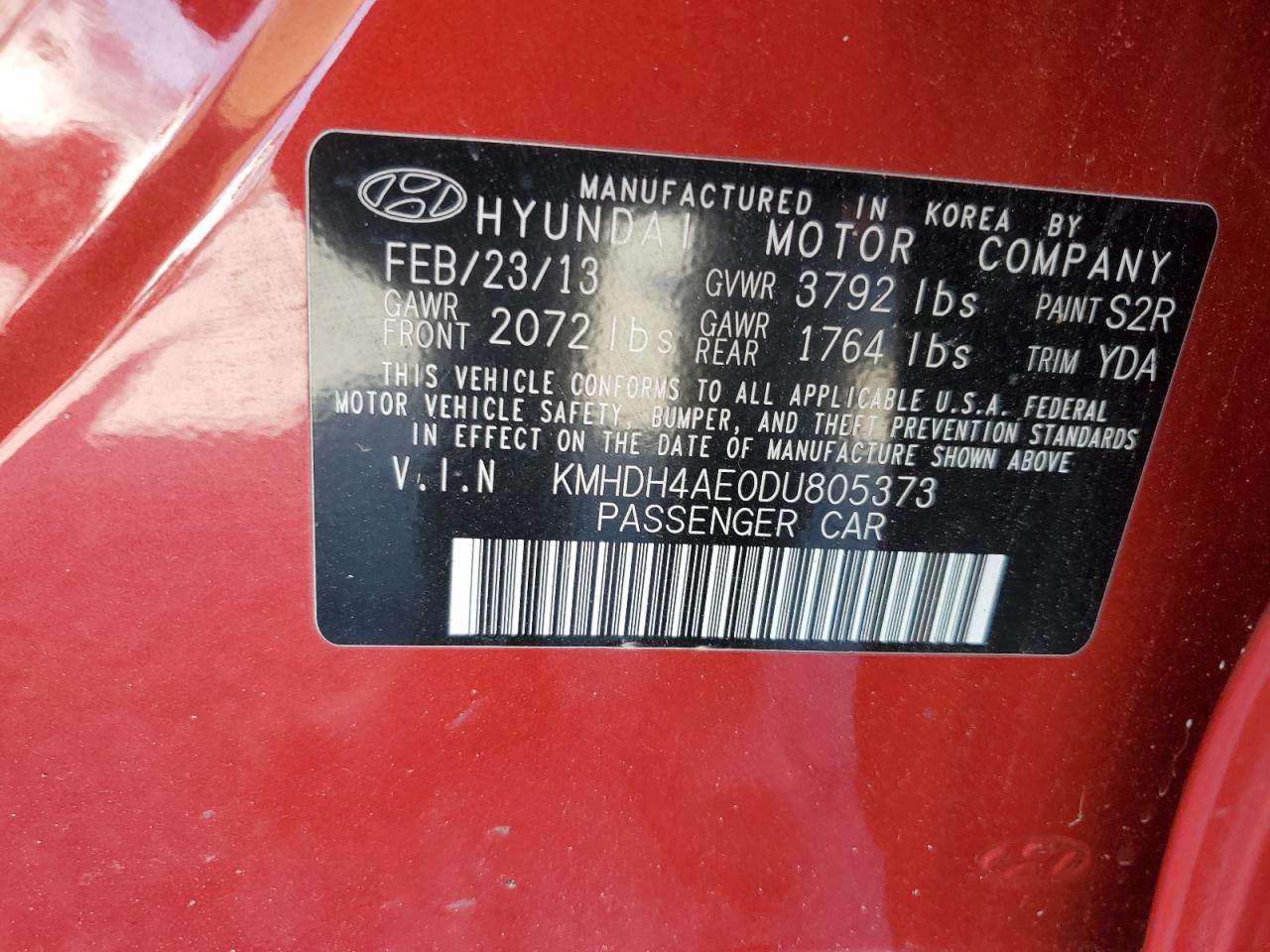 2013 Hyundai Elantra Gls VIN: KMHDH4AE0DU805373 Lot: 67221115