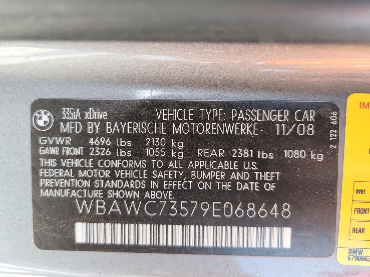 2009 BMW 335 Xi VIN: WBAWC73579E068648 Lot: 69436285