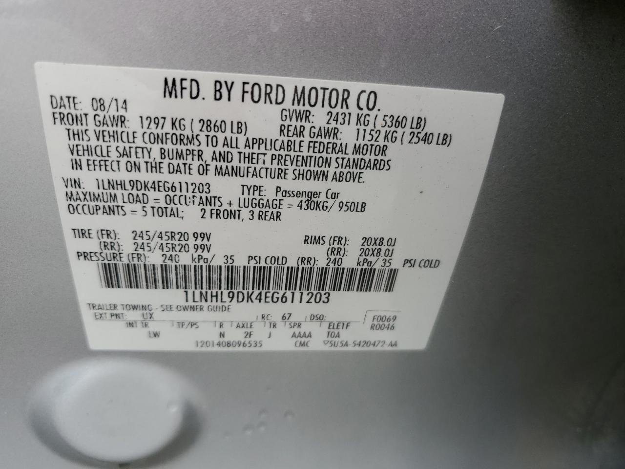 2014 Lincoln Mks VIN: 1LNHL9DK4EG611203 Lot: 70106985