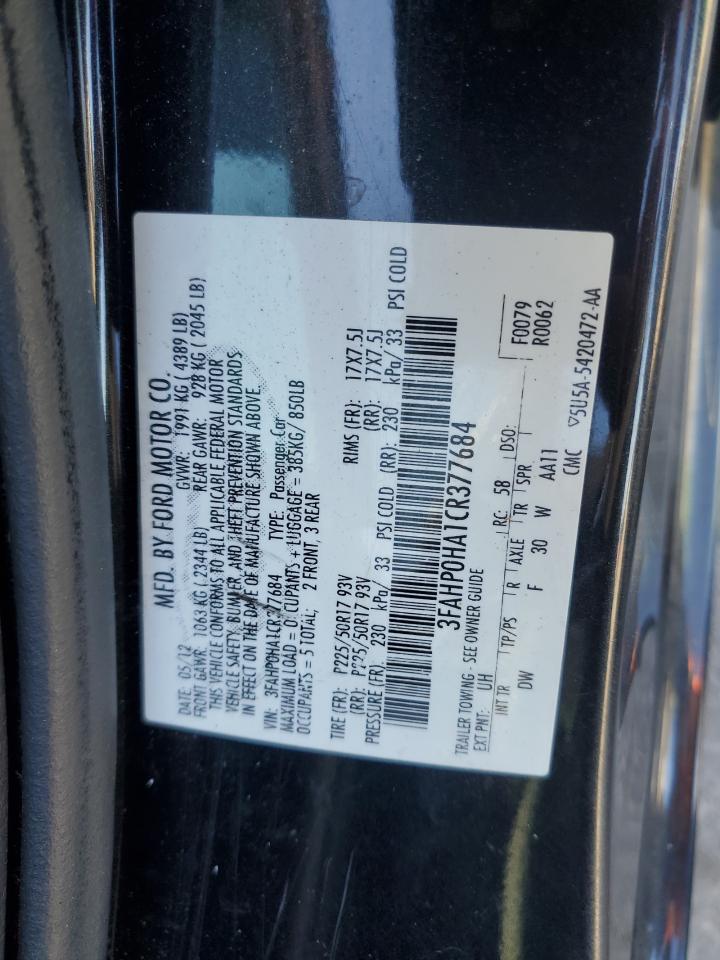 2012 Ford Fusion Se VIN: 3FAHP0HA1CR377684 Lot: 69569185