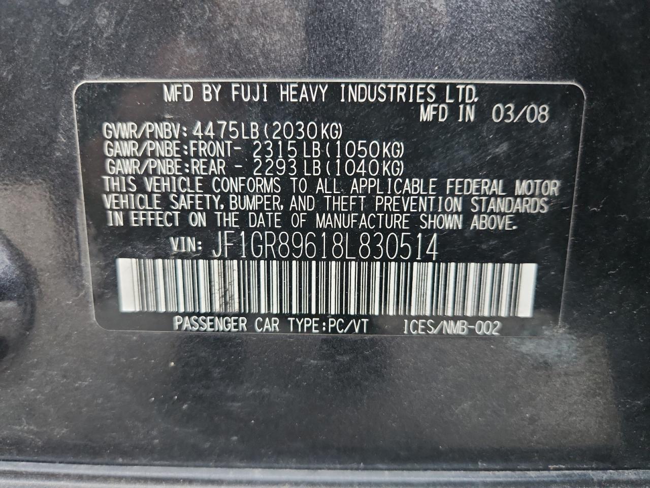 2008 Subaru Impreza Wrx Sti VIN: JF1GR89618L830514 Lot: 70862975