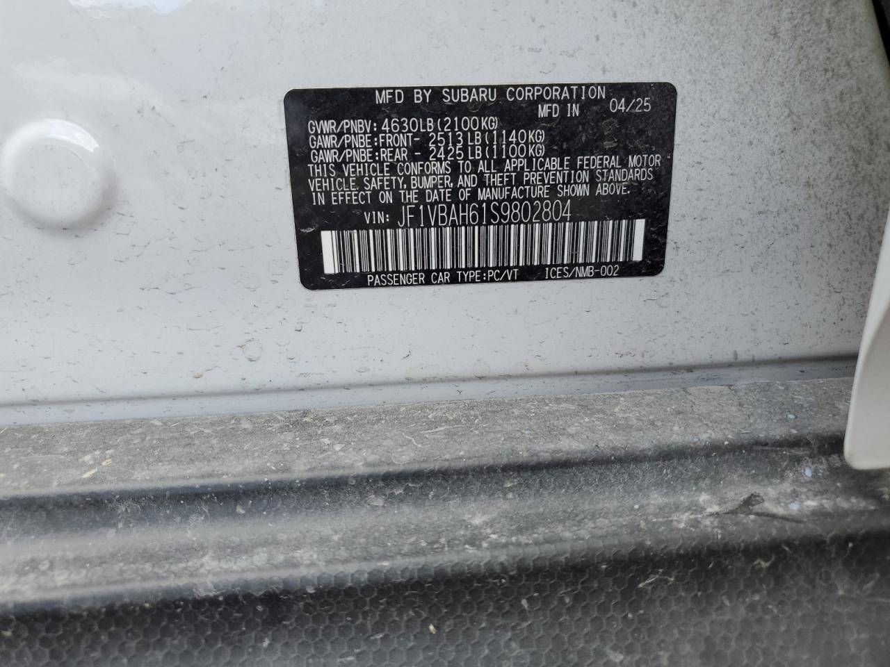 2025 Subaru Wrx Premium VIN: JF1VBAH61S9802804 Lot: 68958435
