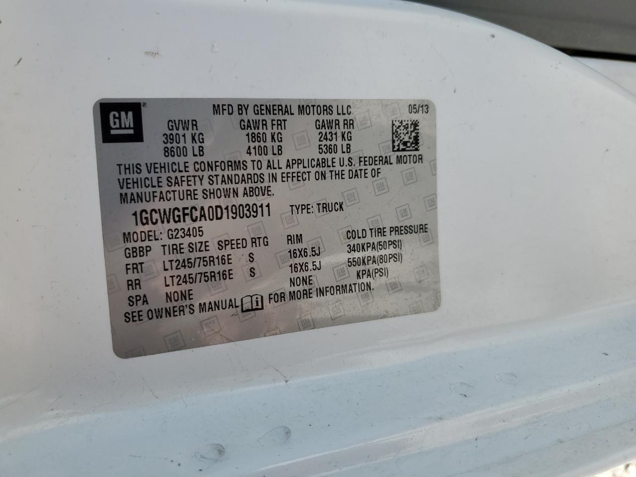 2013 Chevrolet Express G2500 VIN: 1GCWGFCA0D1903911 Lot: 70812435