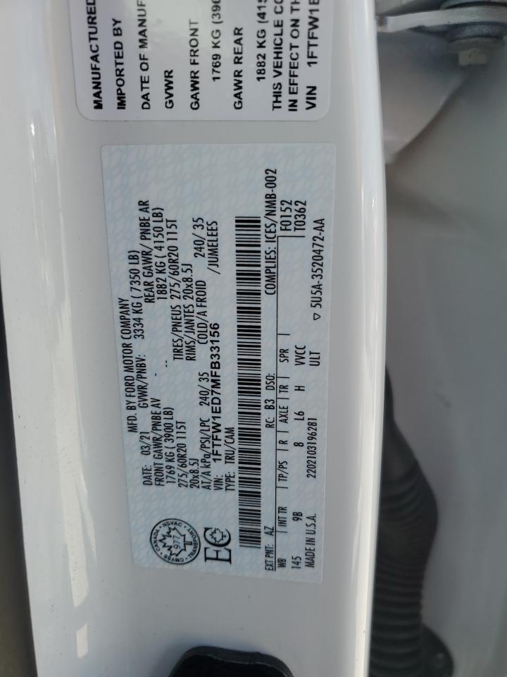 2021 Ford F150 Supercrew VIN: 1FTFW1ED7MFB33156 Lot: 70313325