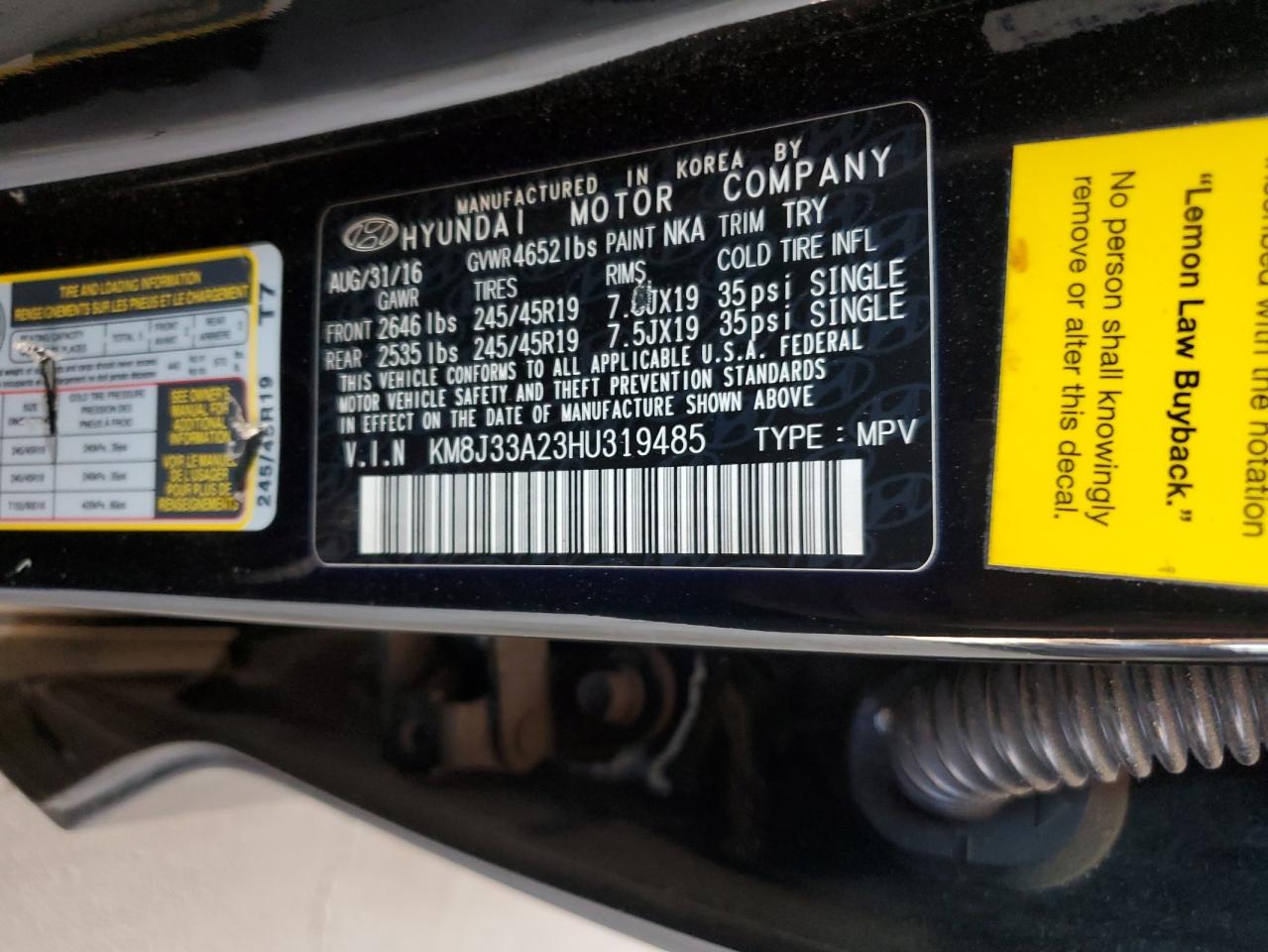 2017 Hyundai Tucson Limited VIN: KM8J33A23HU319485 Lot: 67570245