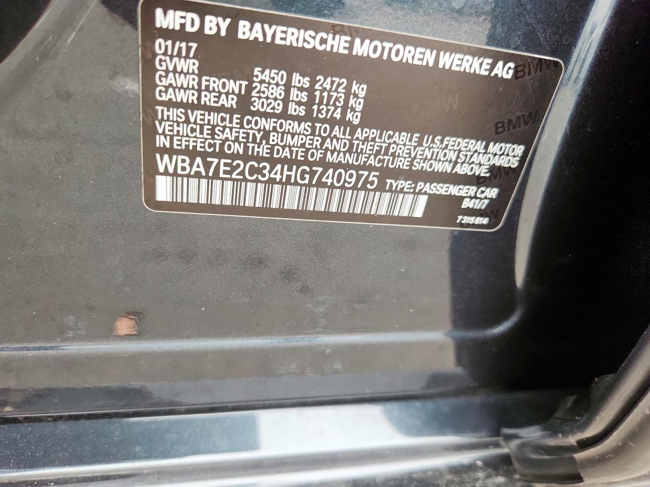 2017 BMW 740 I VIN: WBA7E2C34HG740975 Lot: 71019405