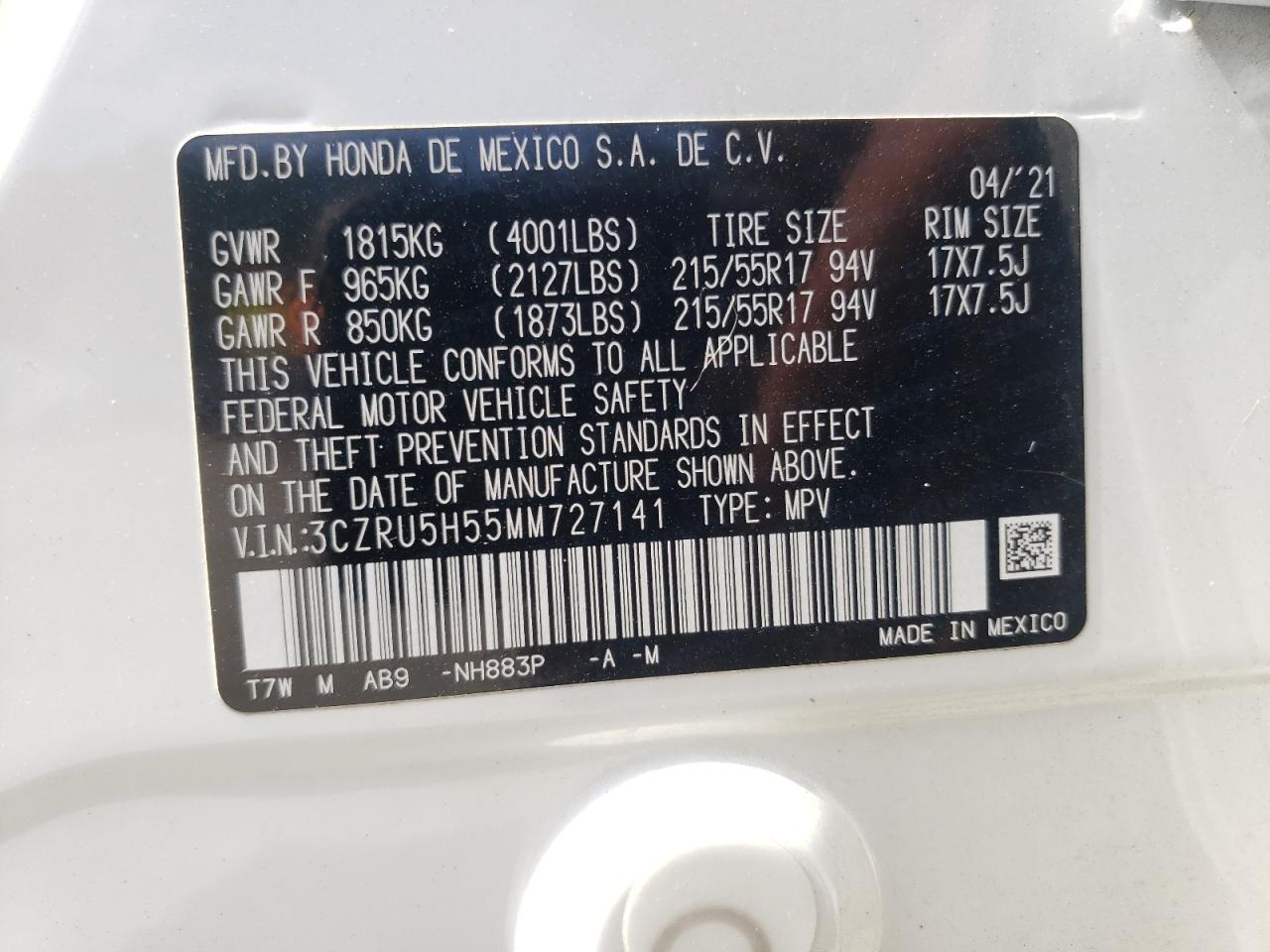 2021 Honda Hr-V Ex VIN: 3CZRU5H55MM727141 Lot: 68416505