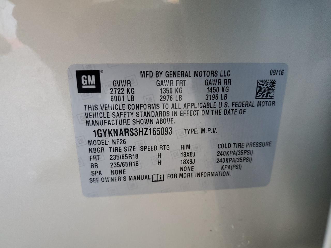 2017 Cadillac Xt5 VIN: 1GYKNARS3HZ165093 Lot: 70845715