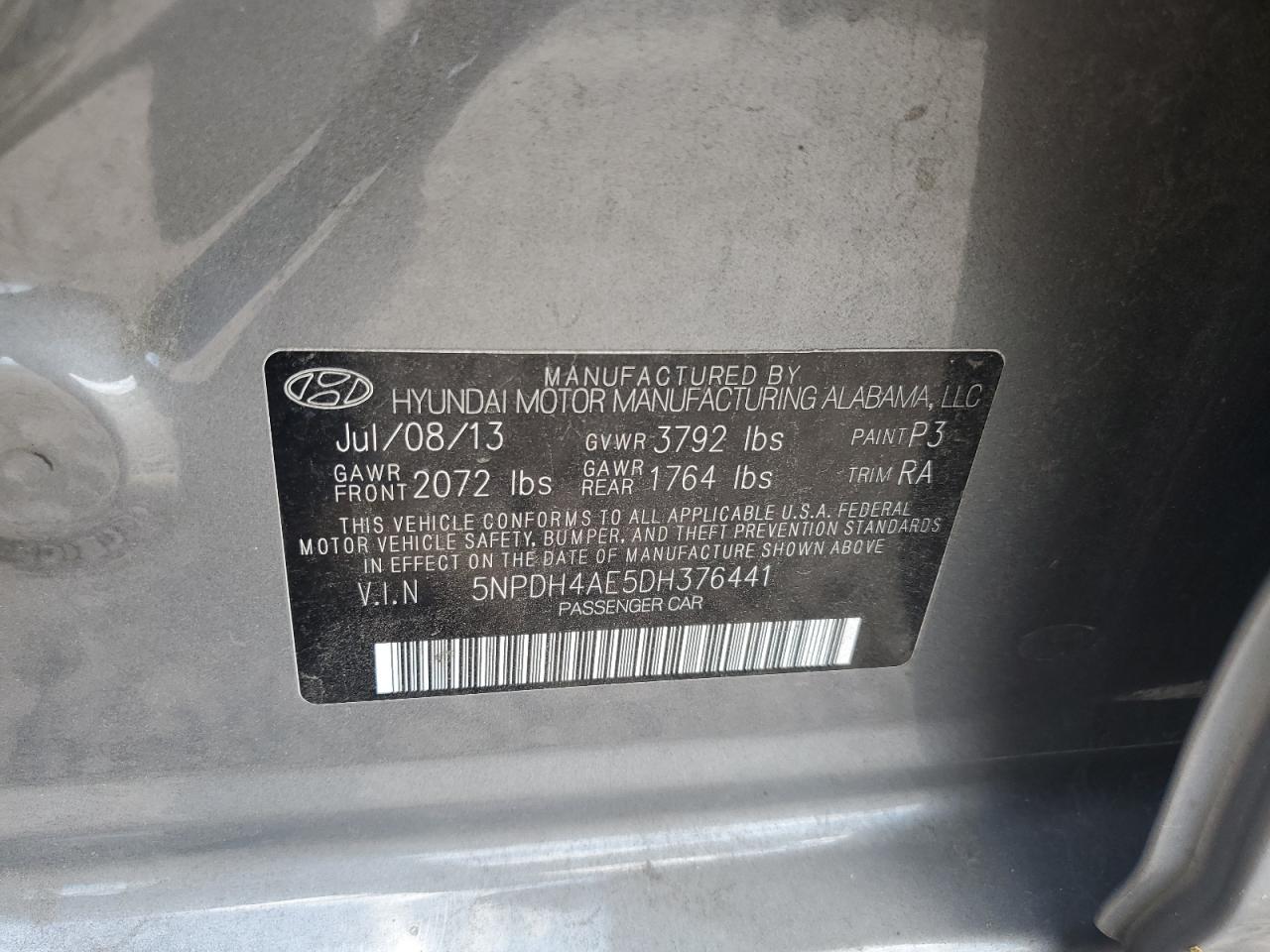 2013 Hyundai Elantra Gls VIN: 5NPDH4AE5DH376441 Lot: 68379195