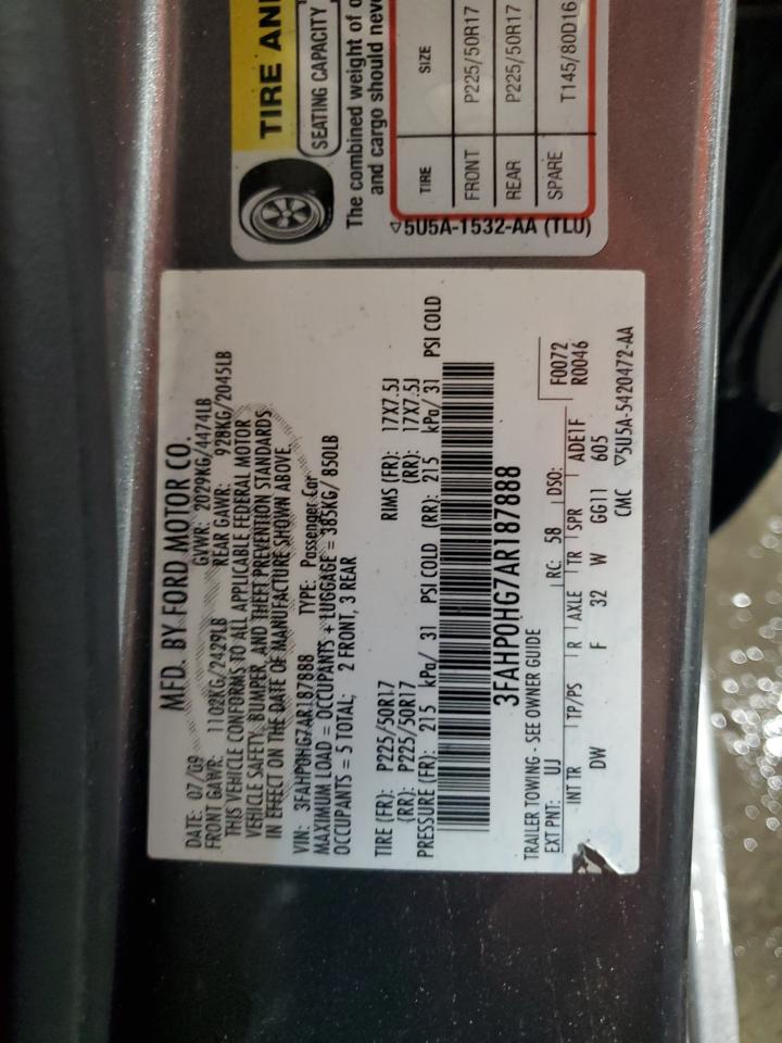 2010 Ford Fusion Se VIN: 3FAHP0HG7AR187888 Lot: 70484945