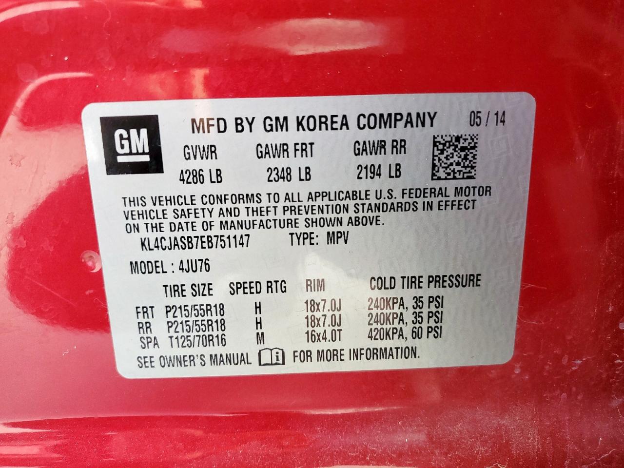 2014 Buick Encore VIN: KL4CJASB7EB751147 Lot: 70410295