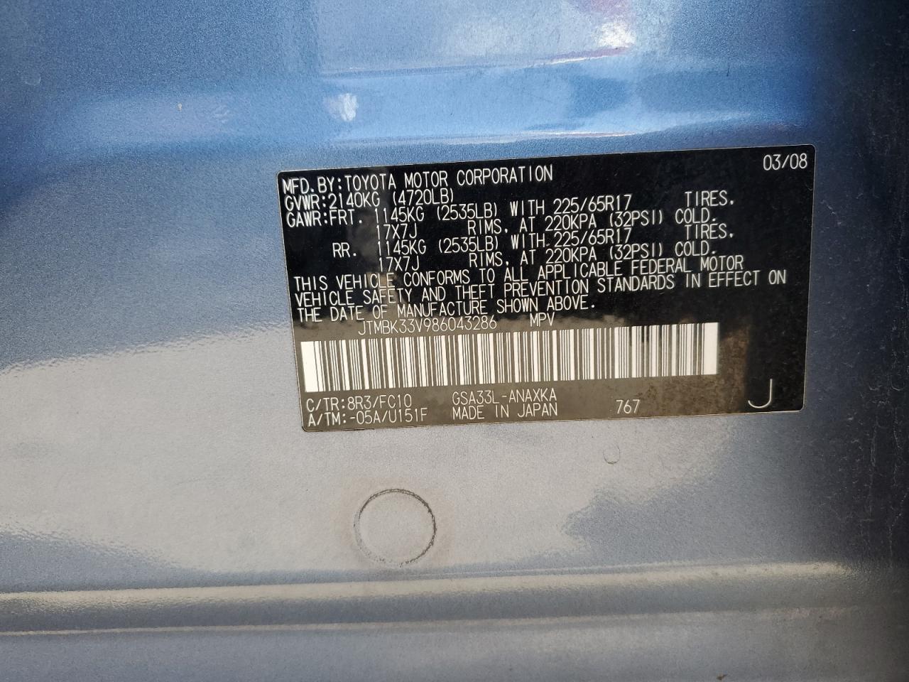 2008 Toyota Rav4 VIN: JTMBK33V986043286 Lot: 67782795