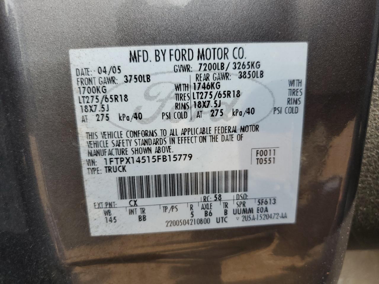 2005 Ford F150 VIN: 1FTPX14515FB15779 Lot: 67227375