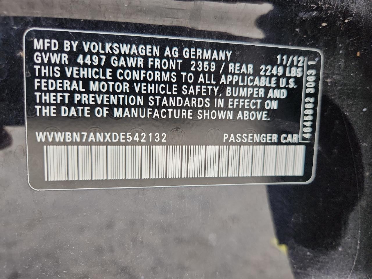 2013 Volkswagen Cc Sport VIN: WVWBN7ANXDE542132 Lot: 70163705