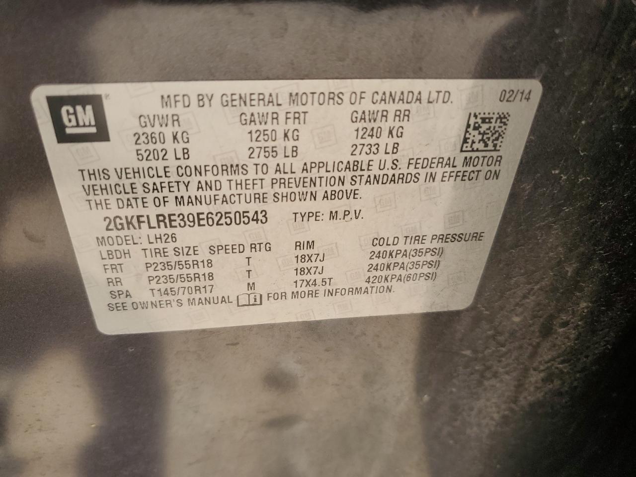 2GKFLRE39E6250543 2014 GMC Terrain Sle