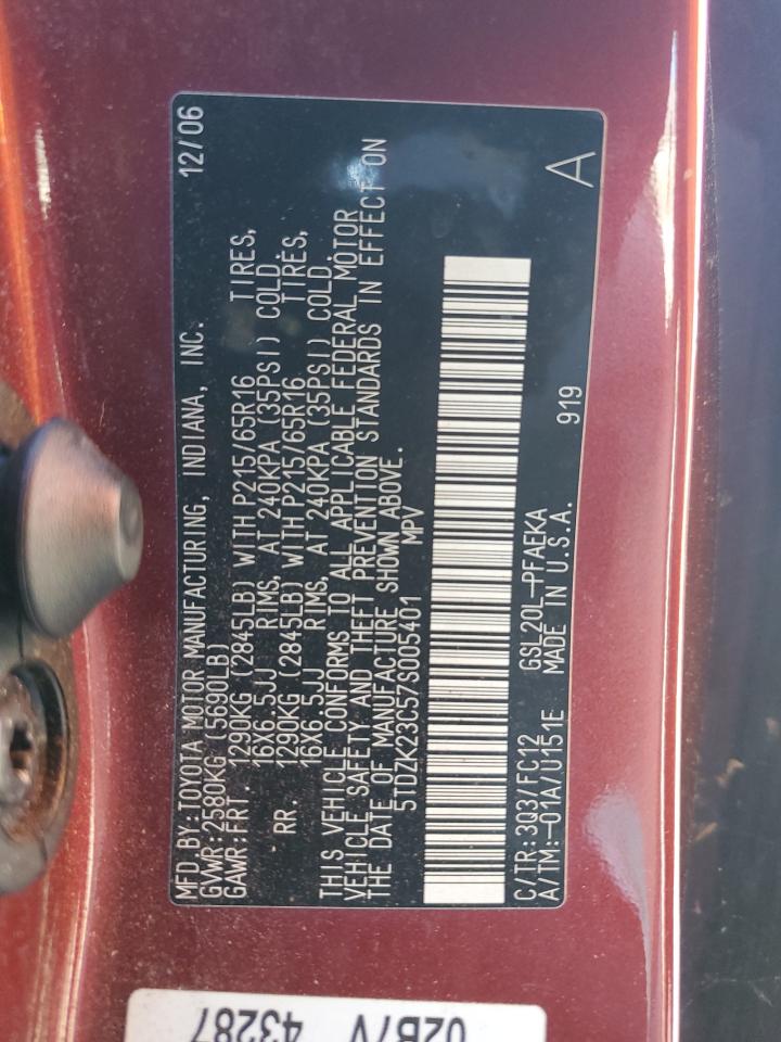 2007 Toyota Sienna Ce VIN: 5TDZK23C57S005401 Lot: 70109835