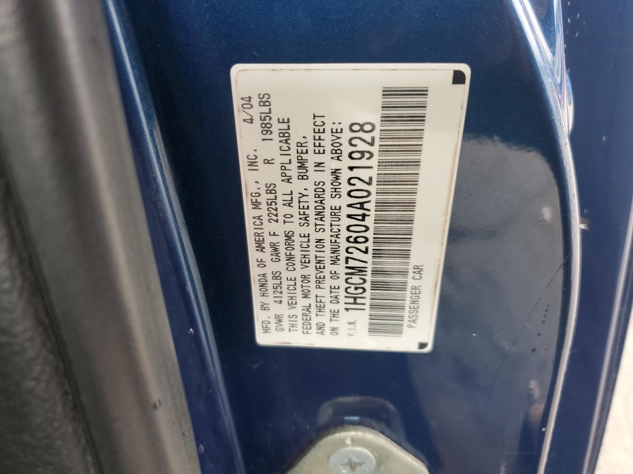 2004 Honda Accord Ex VIN: 1HGCM72604A021928 Lot: 67772265