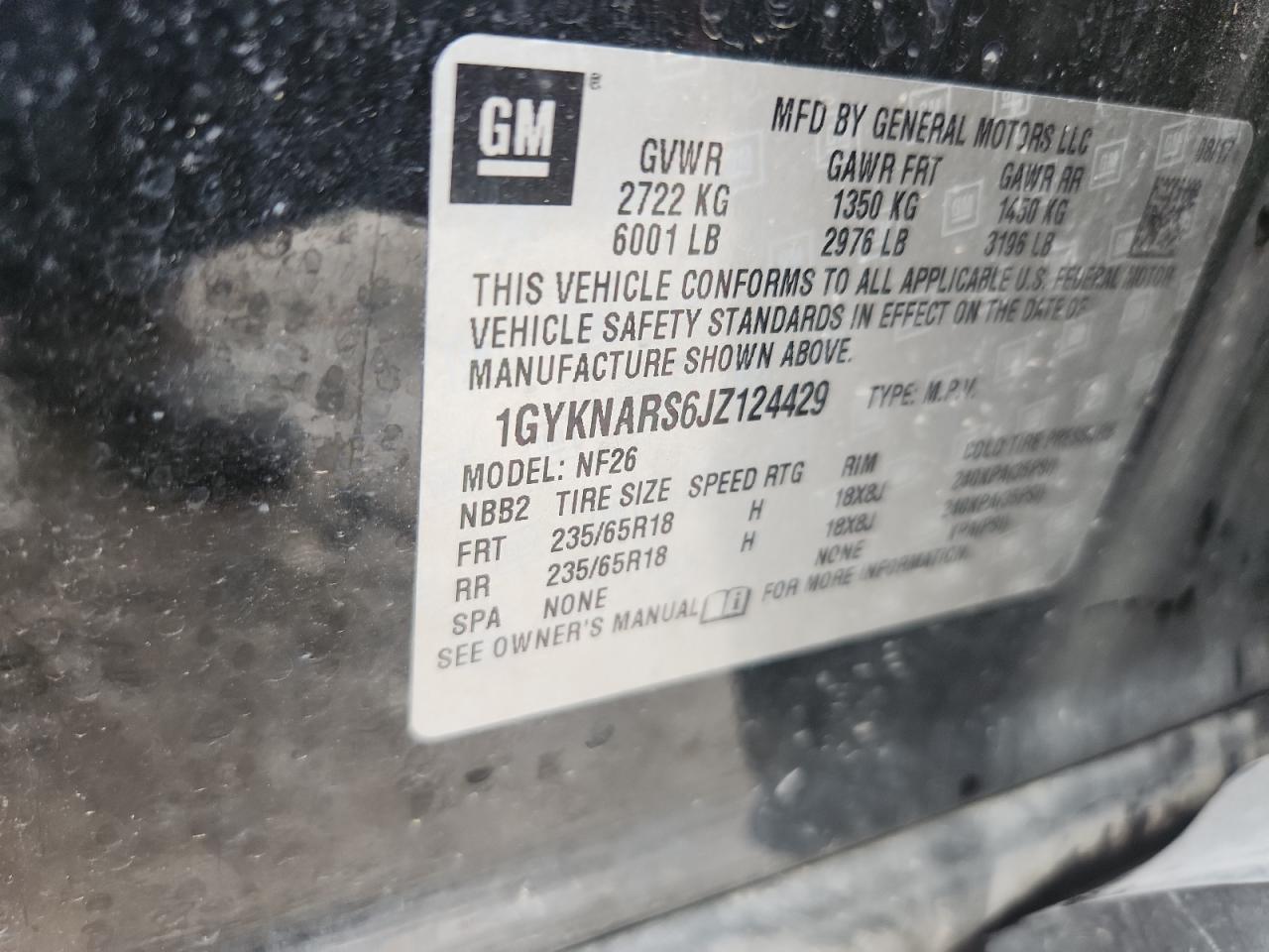 2018 Cadillac Xt5 VIN: 1GYKNARS6JZ124429 Lot: 70216125