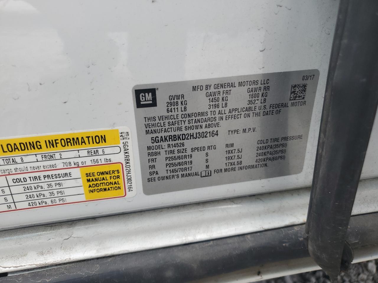 2017 Buick Enclave VIN: 5GAKRBKD2HJ302164 Lot: 69658685