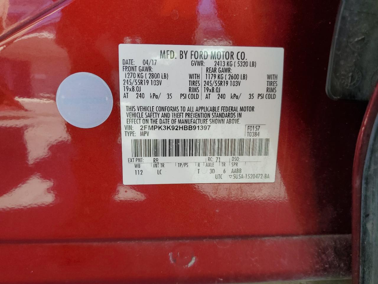 2017 Ford Edge Titanium VIN: 2FMPK3K92HBB91397 Lot: 67985095