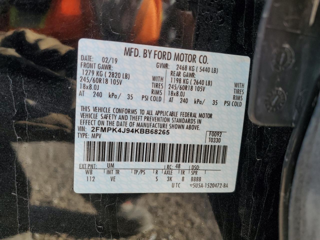 2019 Ford Edge Sel VIN: 2FMPK4J94KBB68265 Lot: 70483985