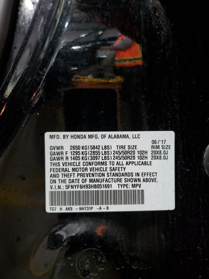 2017 Honda Pilot Touring VIN: 5FNYF6H93HB051691 Lot: 70746185