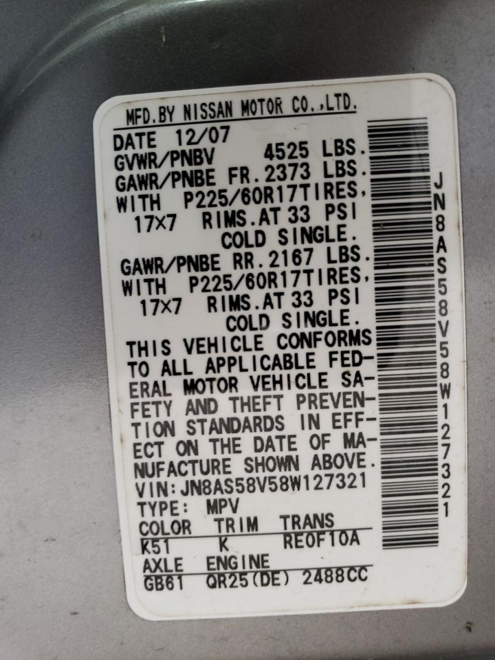 2008 Nissan Rogue S VIN: JN8AS58V58W127321 Lot: 68091675