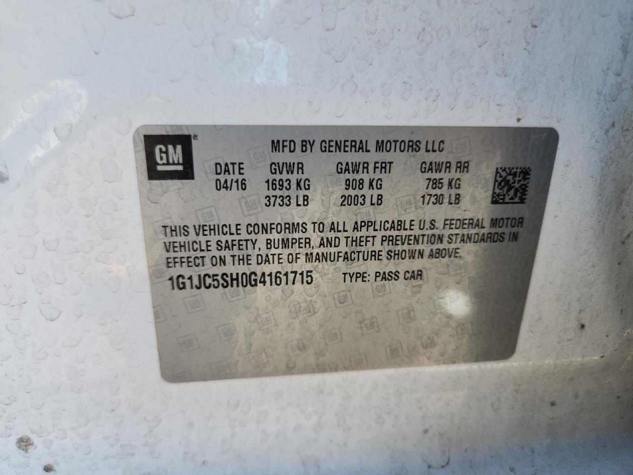 2016 Chevrolet Sonic Lt VIN: 1G1JC5SH0G4161715 Lot: 70161505