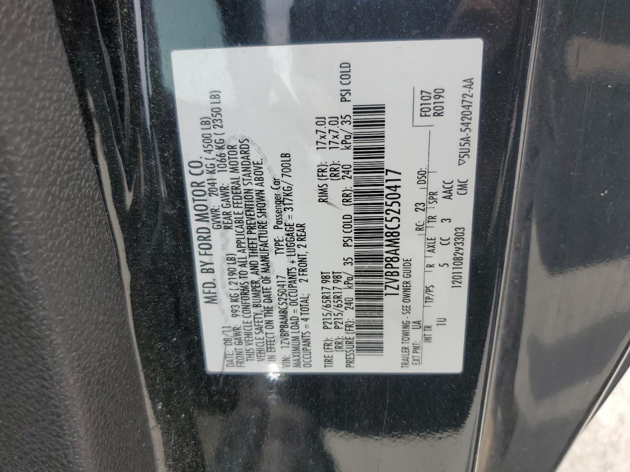 2012 Ford Mustang VIN: 1ZVBP8AM8C5250417 Lot: 70673065