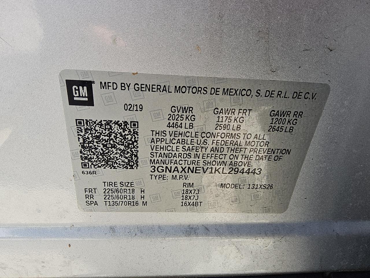 2019 Chevrolet Equinox Premier VIN: 3GNAXNEV1KL294443 Lot: 68250125