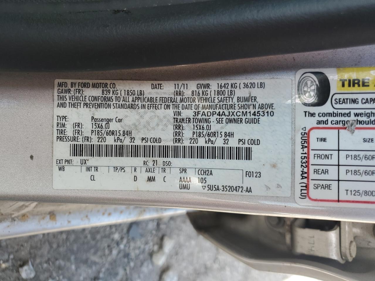 2012 Ford Fiesta S VIN: 3FADP4AJXCM145310 Lot: 69382045