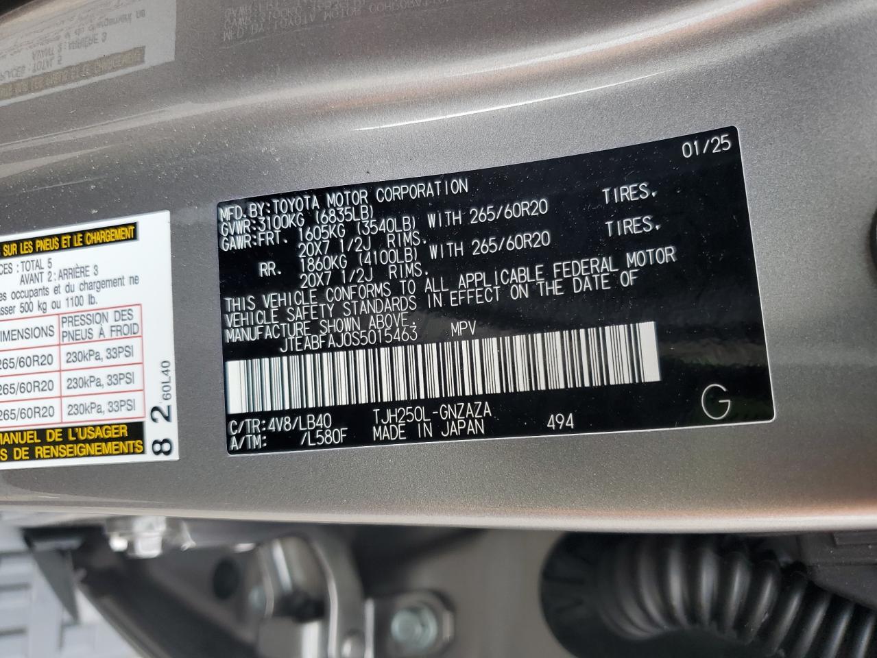 2025 Toyota Land Cruiser Base VIN: JTEABFAJ0S5015463 Lot: 69838245