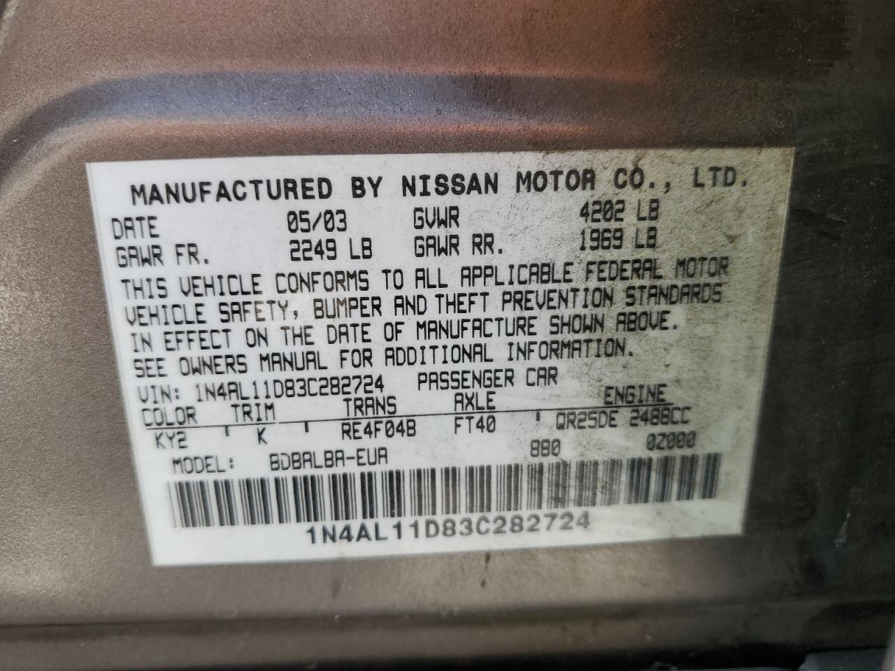 2003 Nissan Altima Base VIN: 1N4AL11D83C282724 Lot: 70572625