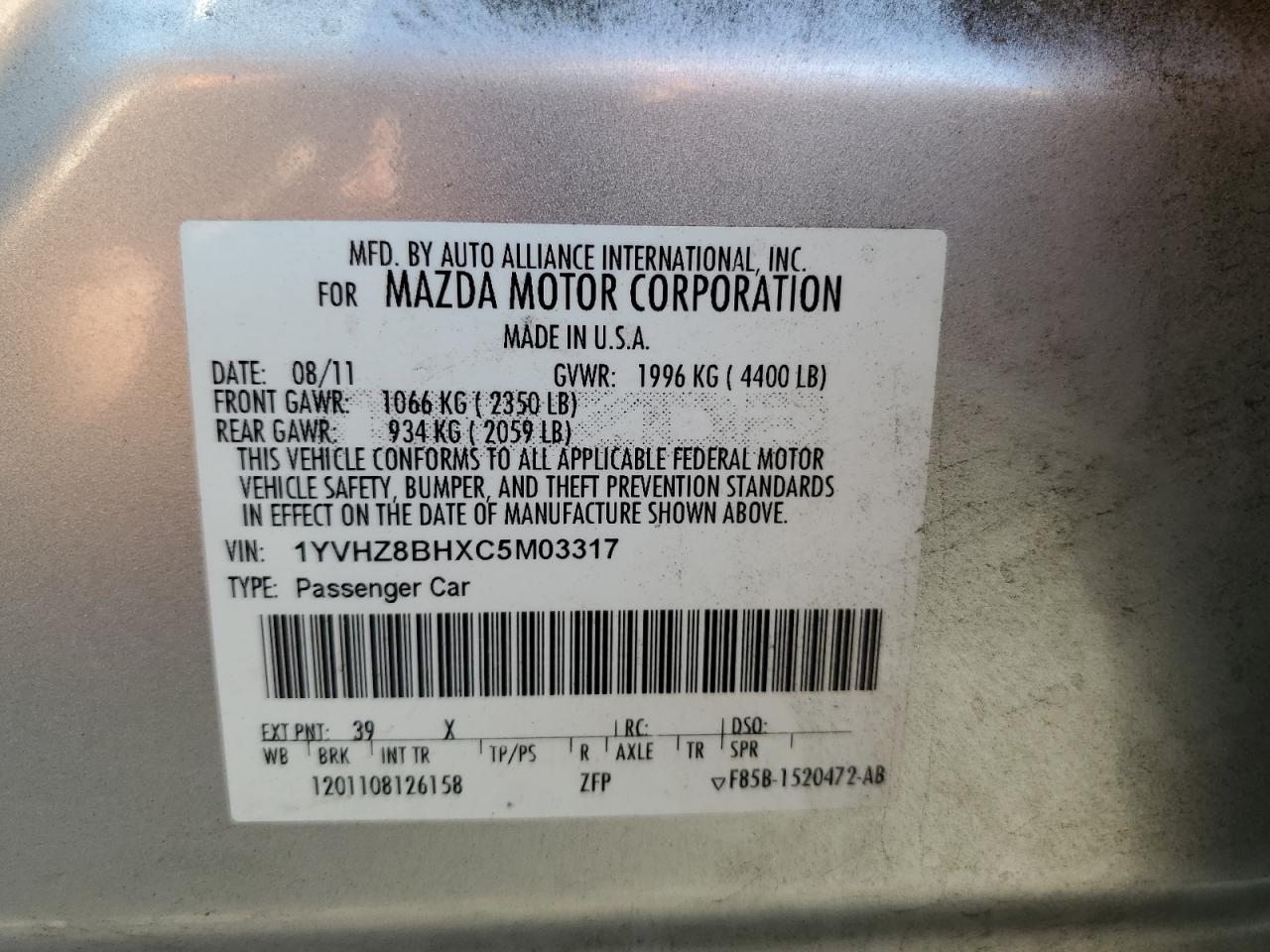 2012 Mazda 6 I VIN: 1YVHZ8BHXC5M03317 Lot: 70060125