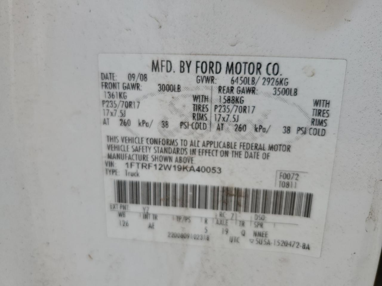 2009 Ford F150 VIN: 1FTRF12W19KA40053 Lot: 66937185