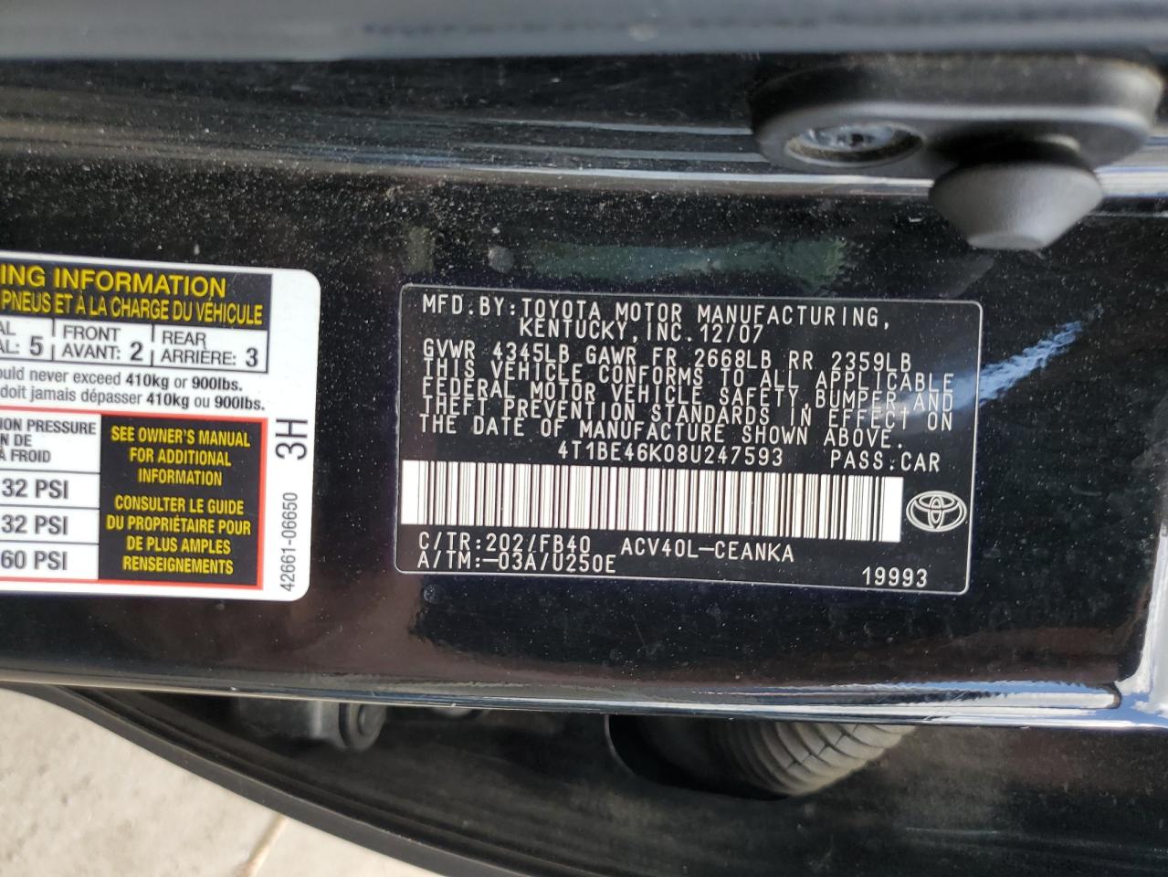 2008 Toyota Camry Ce VIN: 4T1BE46K08U247593 Lot: 68205455