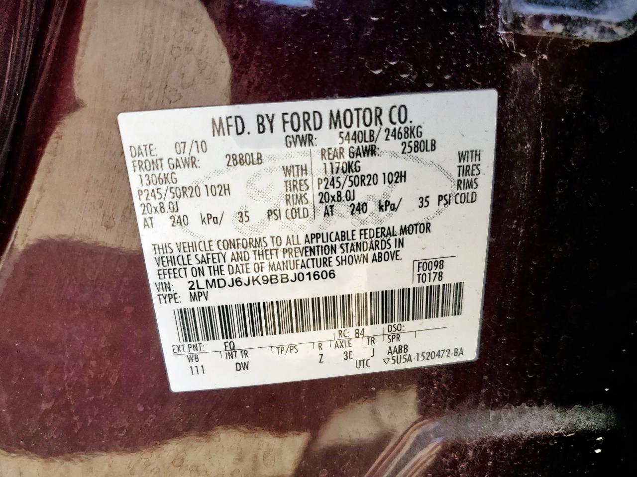 2011 Lincoln Mkx VIN: 2LMDJ6JK9BBJ01606 Lot: 70985965