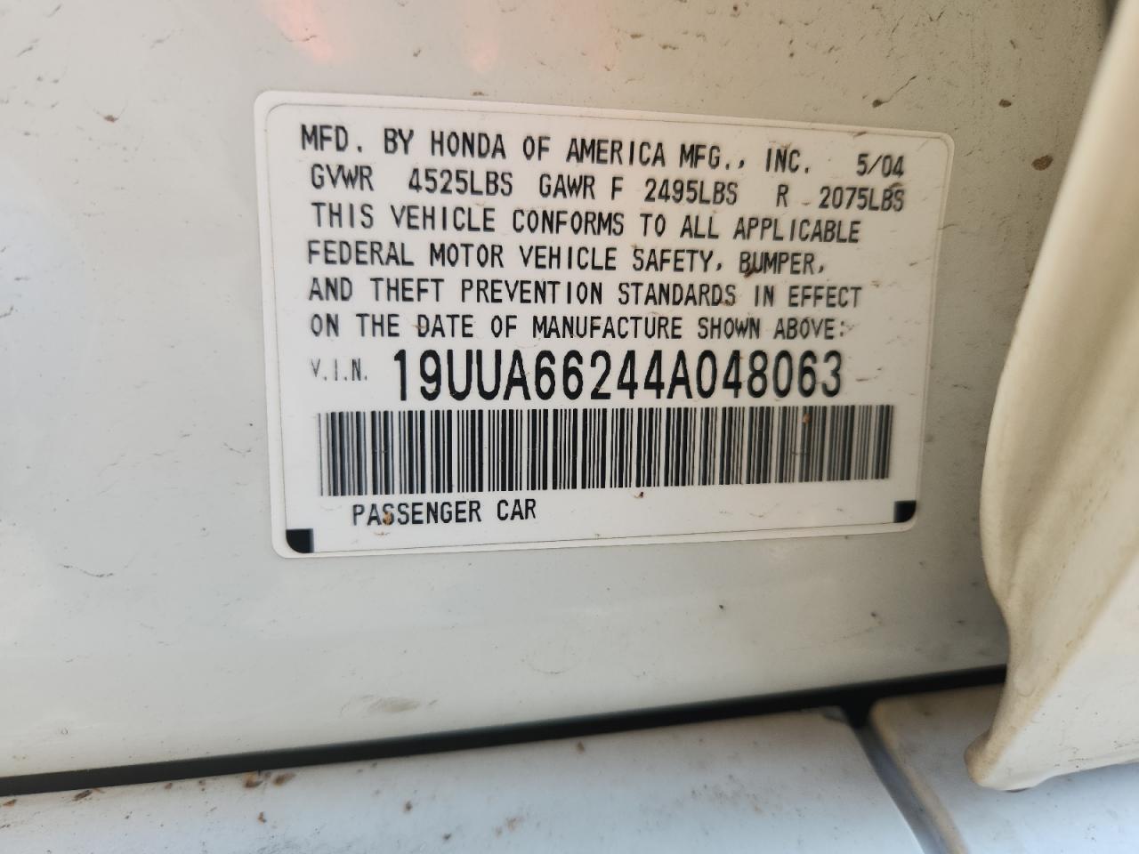 2004 Acura Tl VIN: 19UUA66244A048063 Lot: 68402015