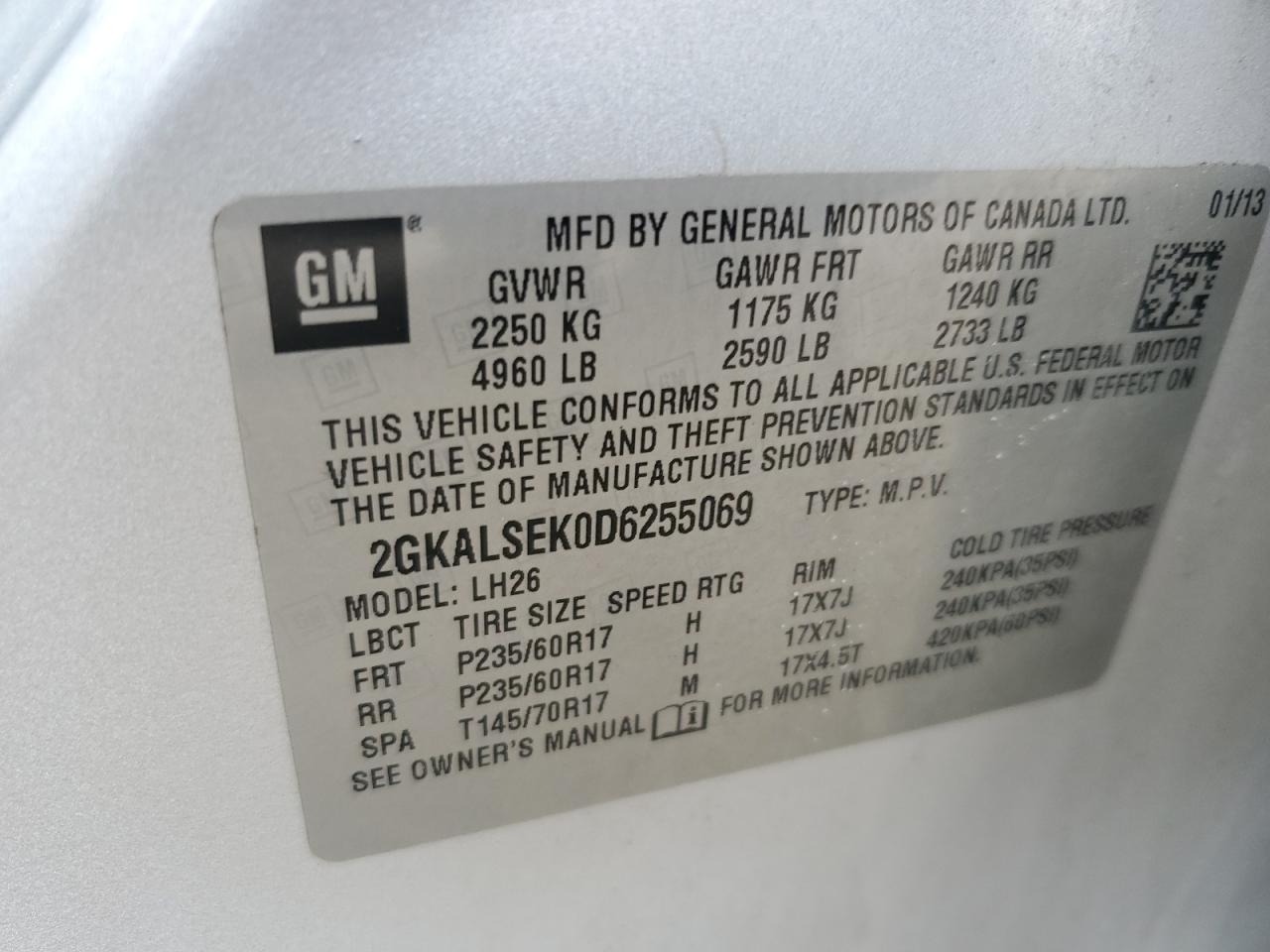 2013 GMC Terrain Sle VIN: 2GKALSEK0D6255069 Lot: 70464725