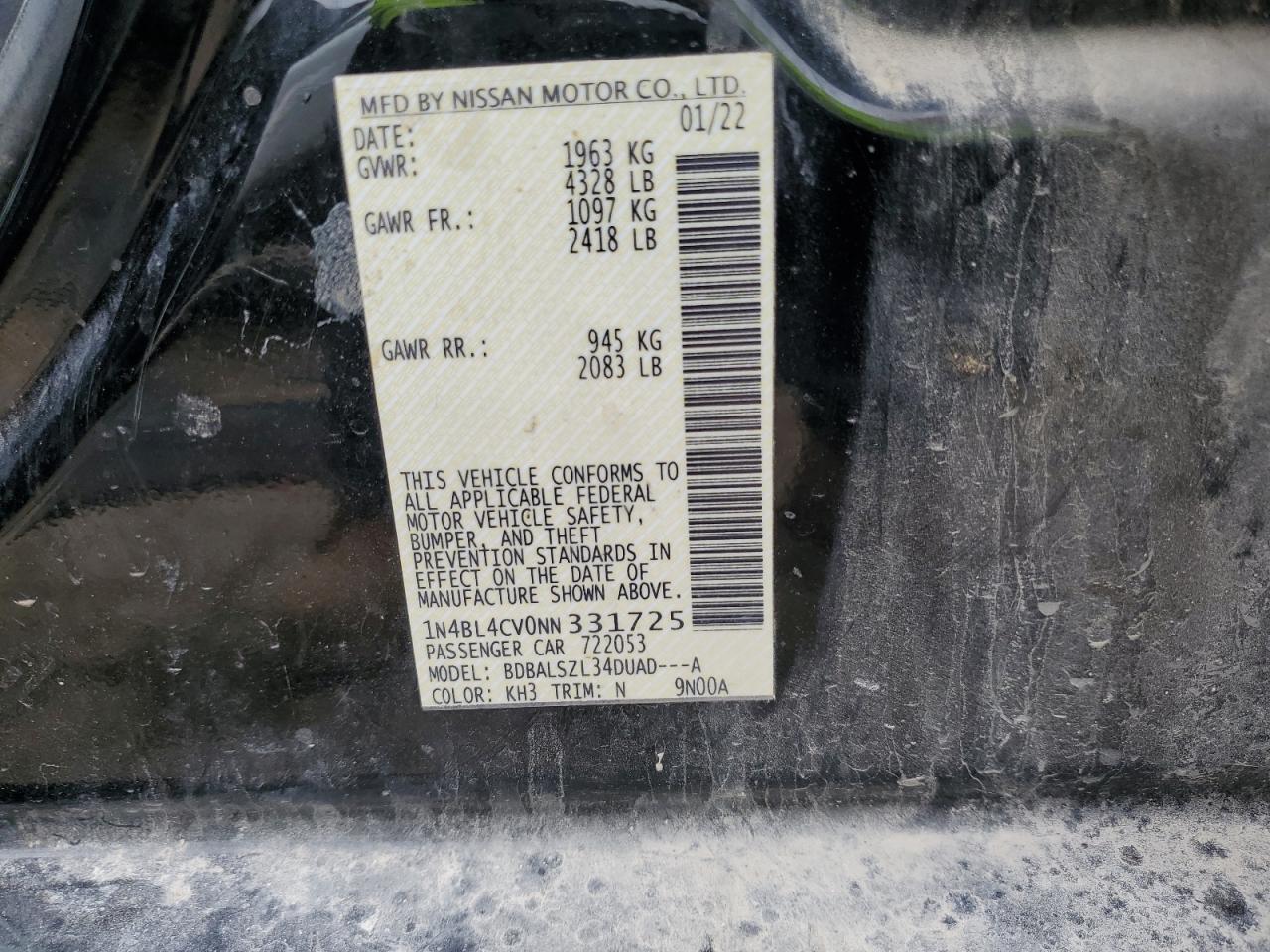 2022 Nissan Altima Sr VIN: 1N4BL4CV0NN331725 Lot: 71857765