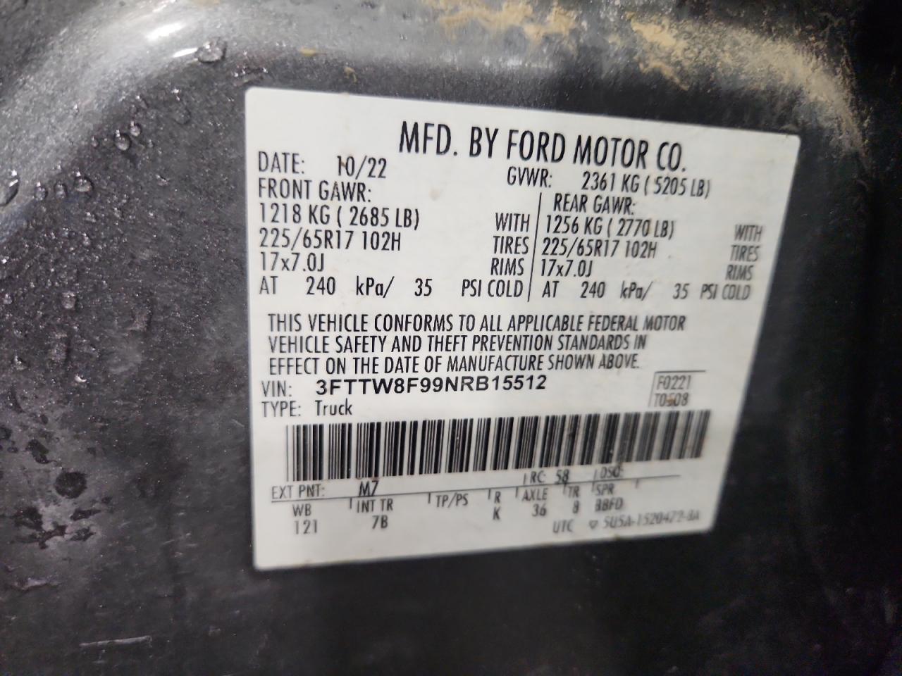 2022 Ford Maverick Xl VIN: 3FTTW8F99NRB15512 Lot: 67273395