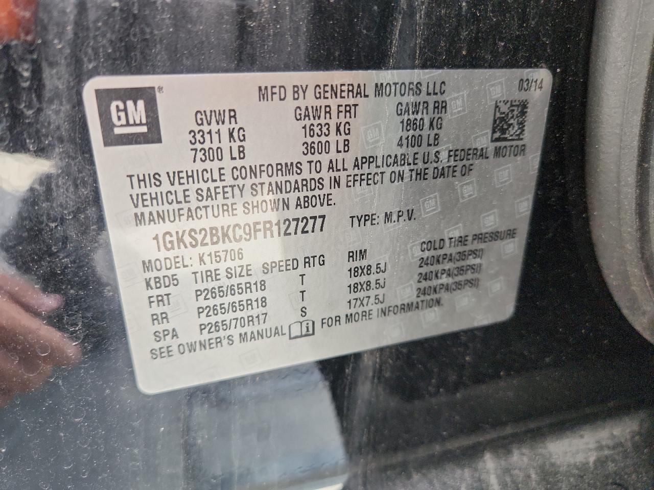 2015 GMC Yukon Slt VIN: 1GKS2BKC9FR127277 Lot: 68906845