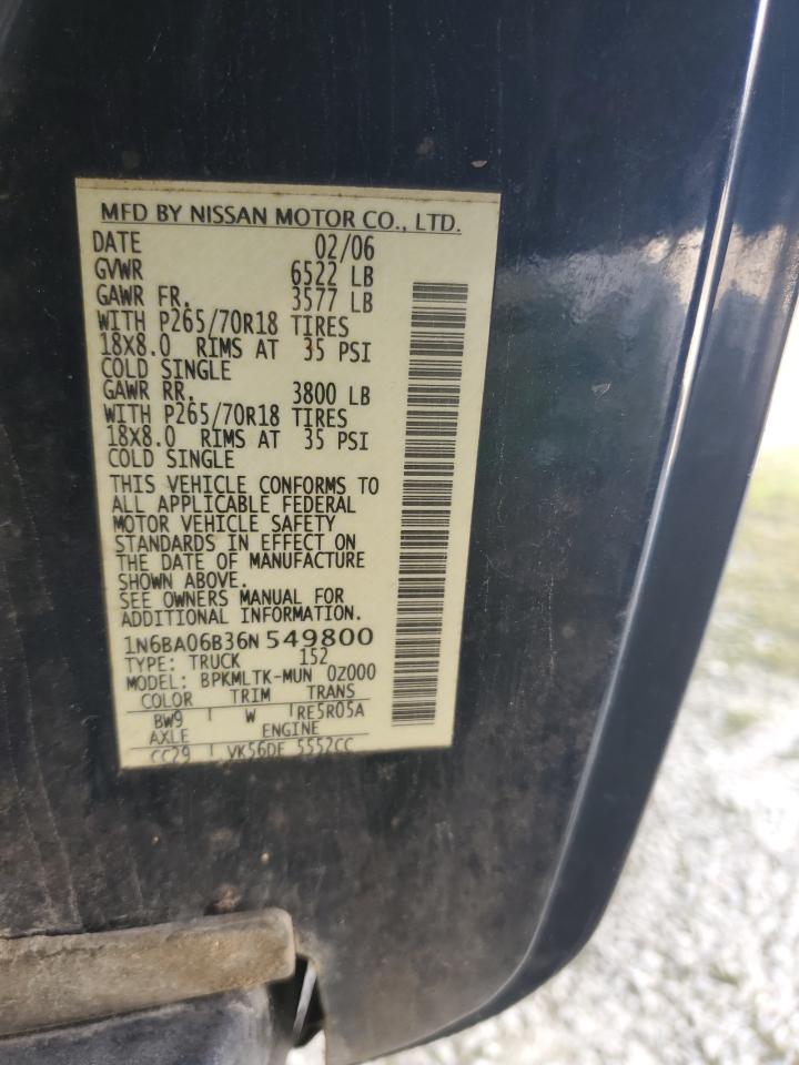 2006 Nissan Titan Xe VIN: 1N6BA06B36N549800 Lot: 57841285
