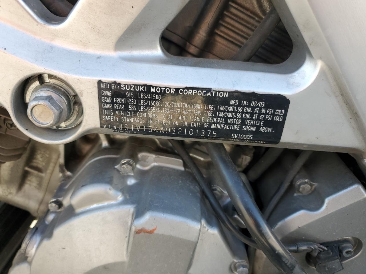 2003 Suzuki Sv1000 Sk3 VIN: JS1VT54A932101375 Lot: 70939485