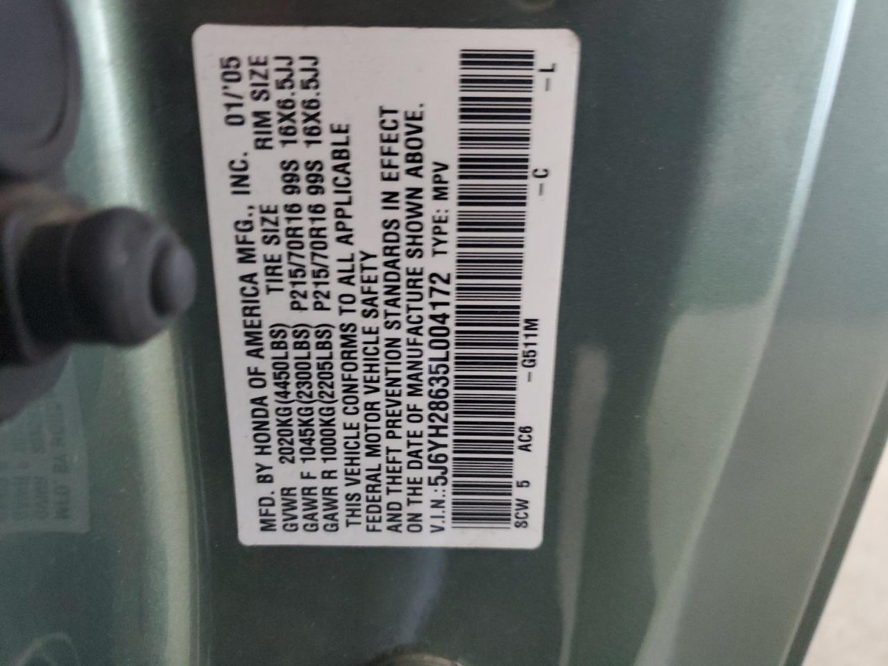 2005 Honda Element Ex VIN: 5J6YH28635L004172 Lot: 67870175