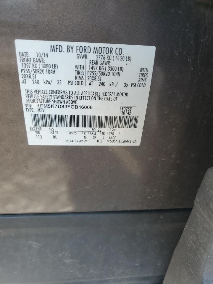 2015 Ford Explorer Xlt VIN: 1FM5K7D83FGB16006 Lot: 68442195