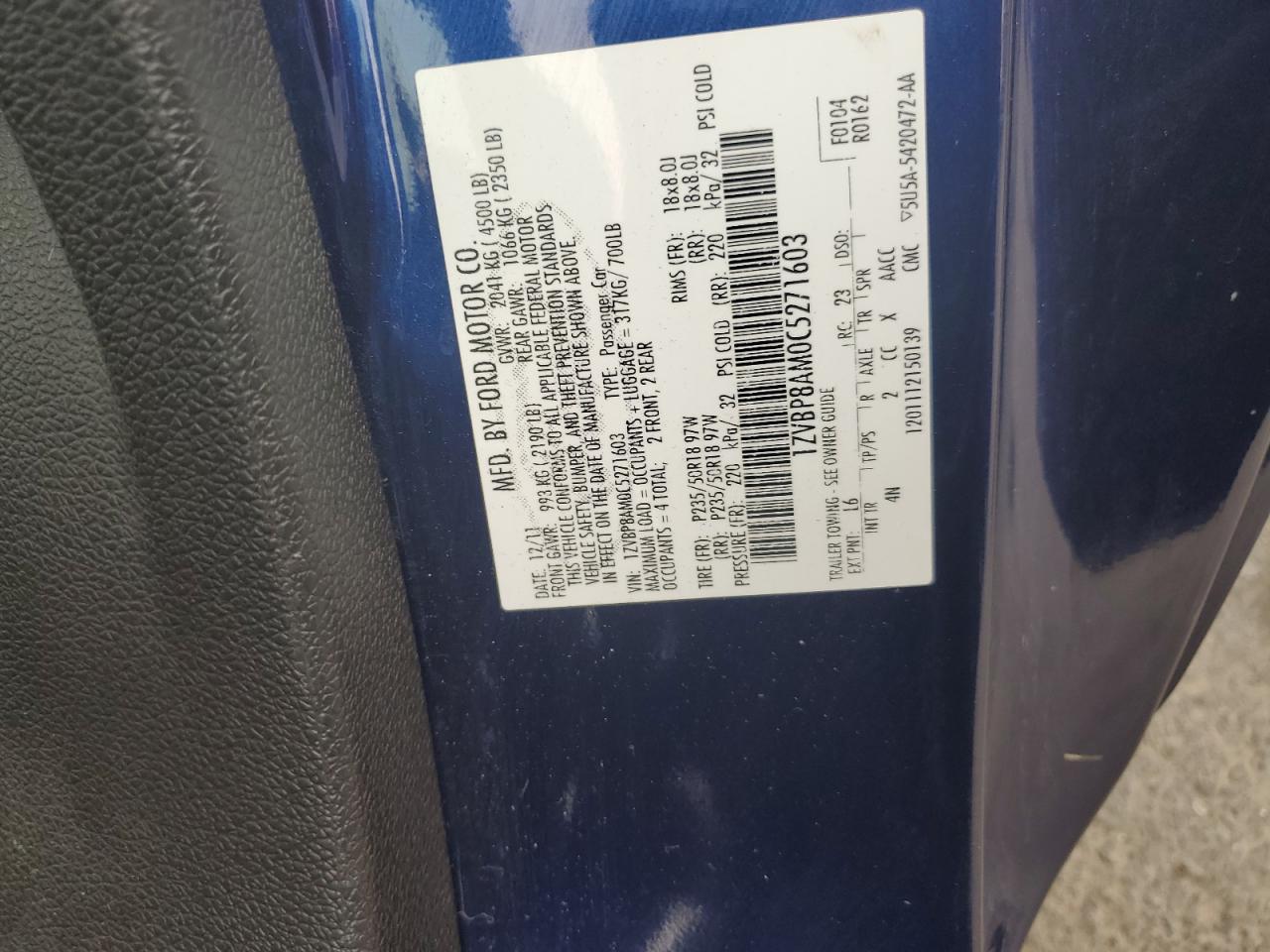 2012 Ford Mustang VIN: 1ZVBP8AM0C5271603 Lot: 68674985