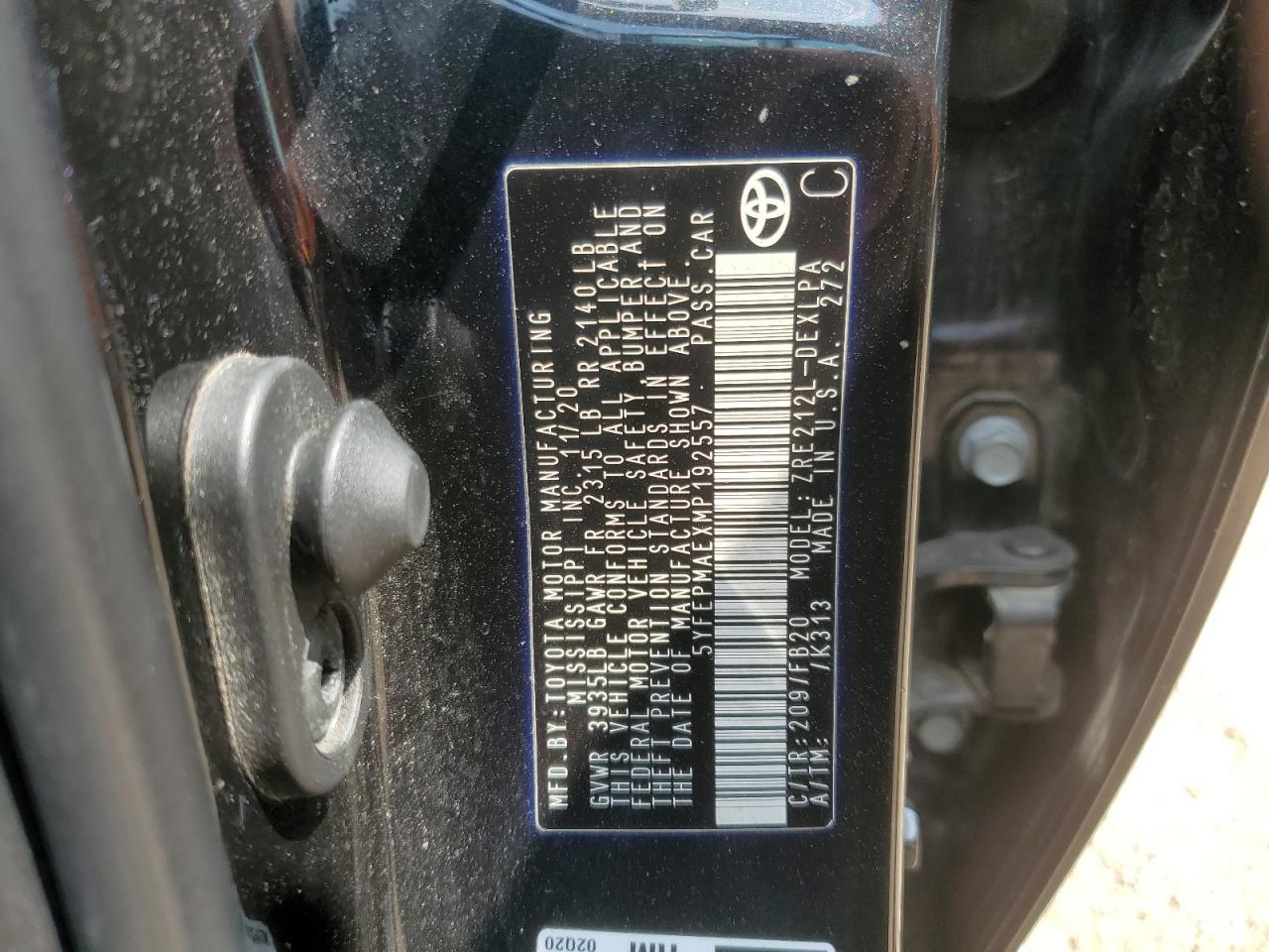2021 Toyota Corolla Le VIN: 5YFEPMAEXMP192557 Lot: 66936255